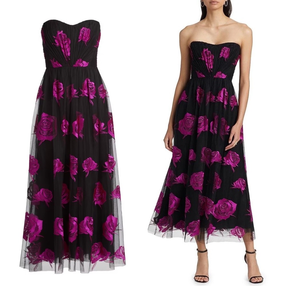 NEW ML Monique Lhuillier Perle Floral Tulle Strapless Maxi Dress $695  - Size 4‎